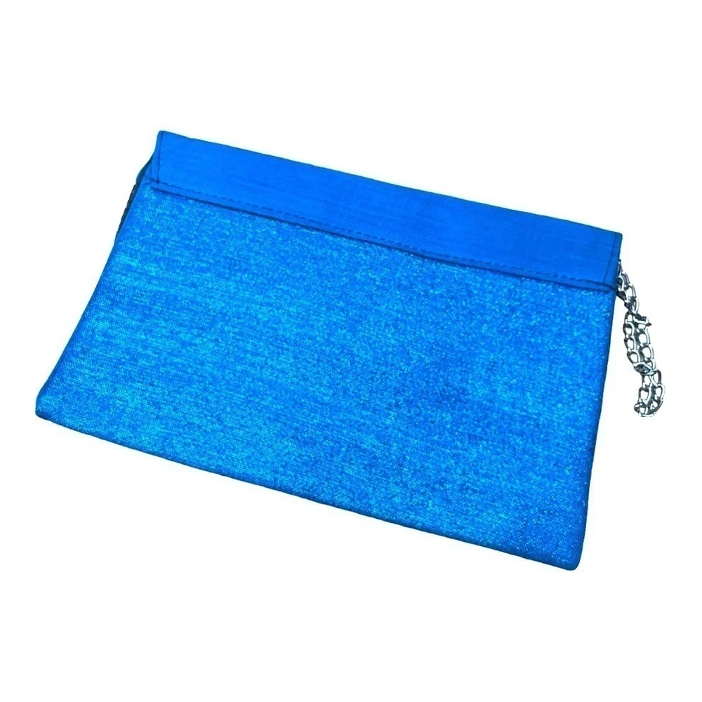Blue Envelope Clutch Purse Black & Silver Geometric Pattern Fabric Wristlet